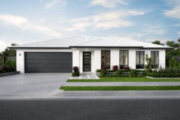 Bond-583-Whites - Fresh Homes Modern single-story white house with a two-car gray garage door and a landscaped front yard.
