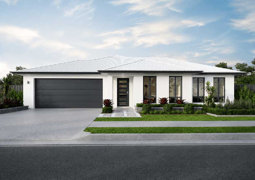 Modern single-story white house with a two-car gray garage door and a landscaped front yard.