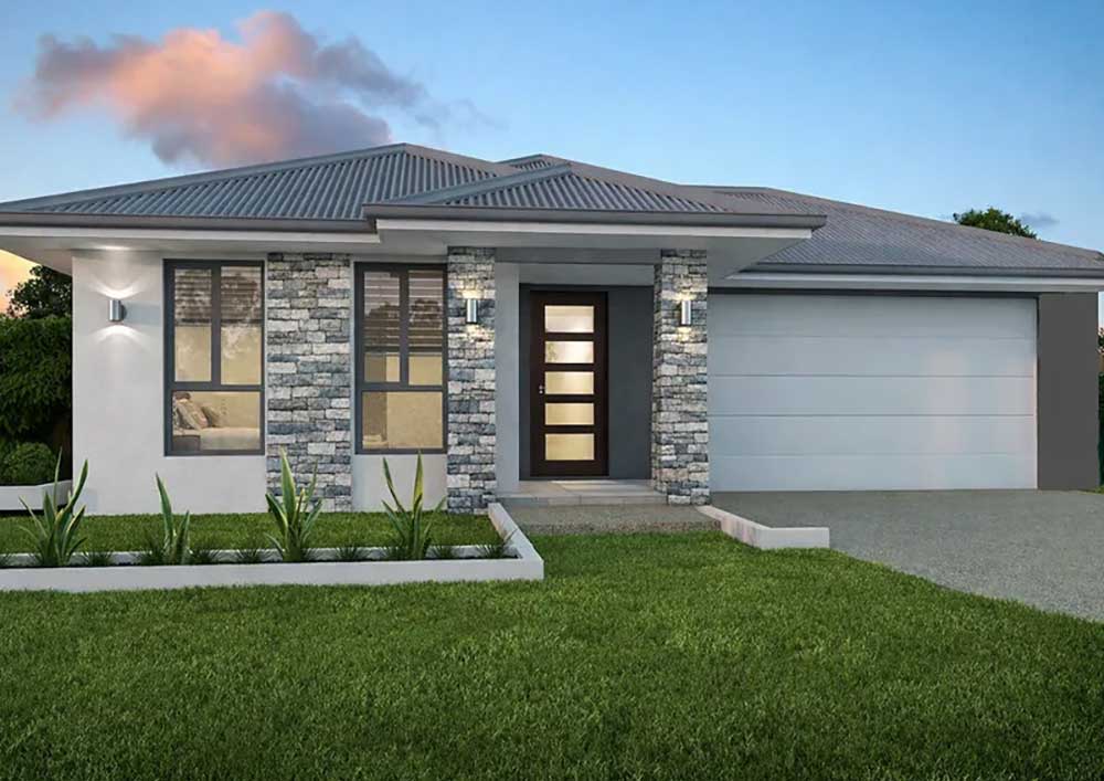 Modern single-story home with stone pillar accents, front door with glass panels, and a two-car garage amid a green lawn.