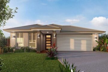 Daintree-Cabana - Fresh Homes Modern single-story house with a two-car garage, front porch, and manicured lawn.