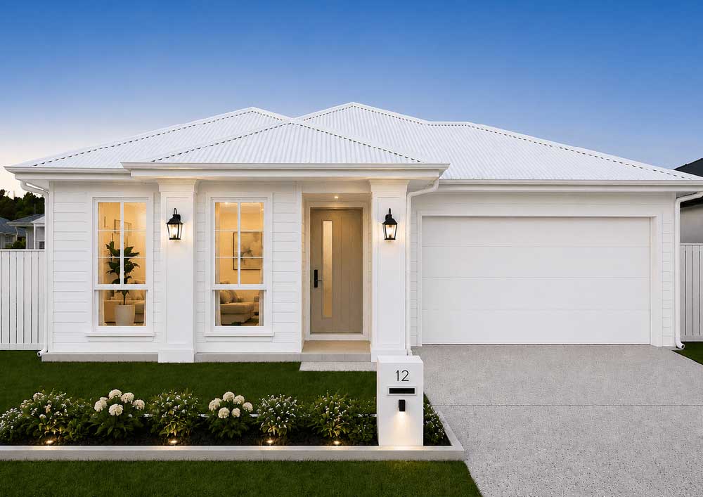 Front view of a white, single‑story house with a two‑car garage, central entry door, and lit wall lamps at dusk/evening lighted scene.