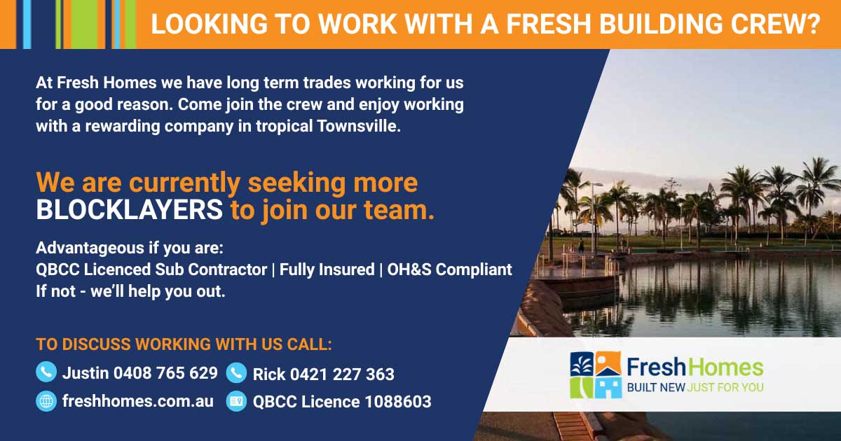 Recruitment ad for Fresh Homes seeking blocklayers; orange header, navy message panel, tropical waterfront photo, and Fresh Homes logo.