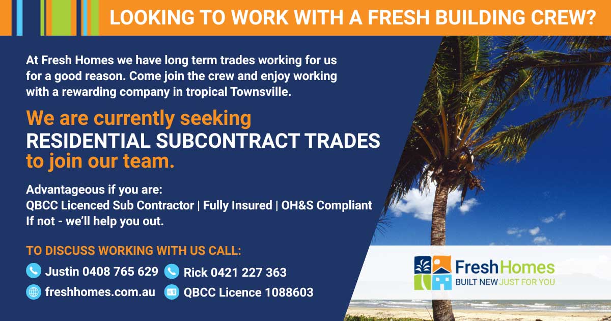 Banner ad announcing Fresh Homes recruitment for residential subcontract trades; includes contact numbers and logo with a blue panel and palm-tree beach image on the right venue.