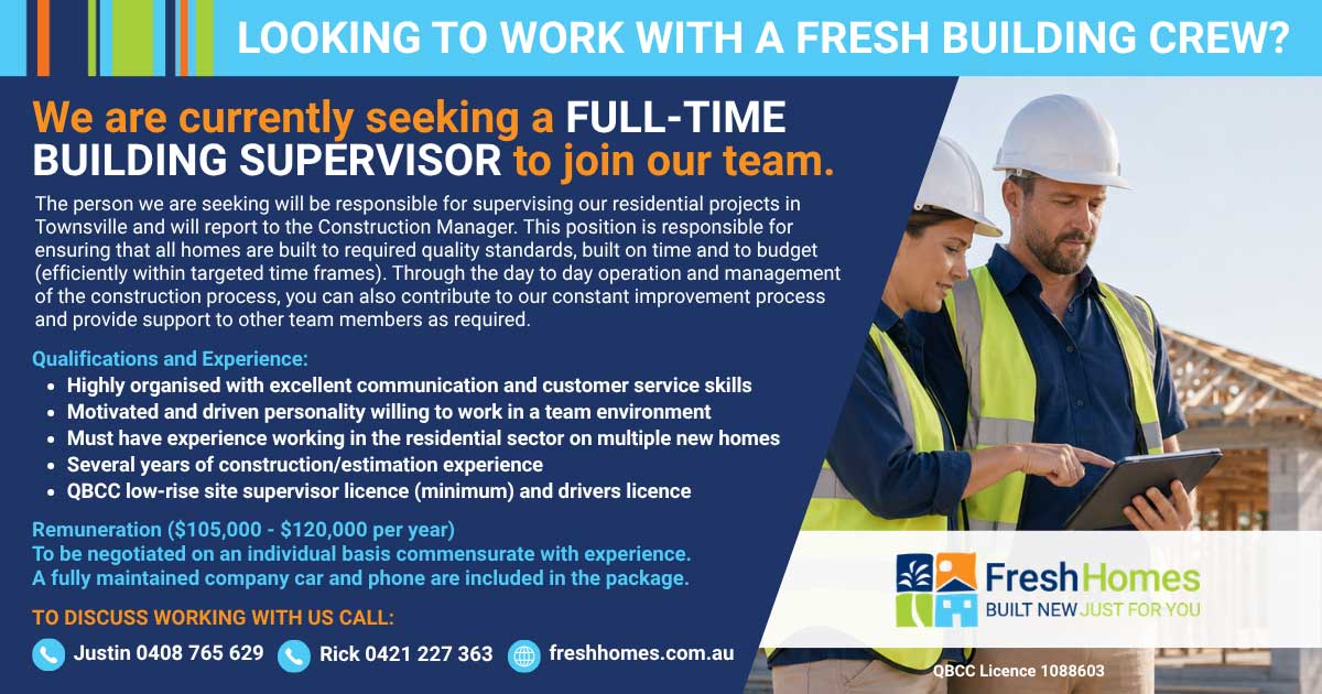 Banner recruitment image with two construction workers looking at a tablet, Fresh Homes logo, and text inviting applicants for a full-time Building Supervisor position.