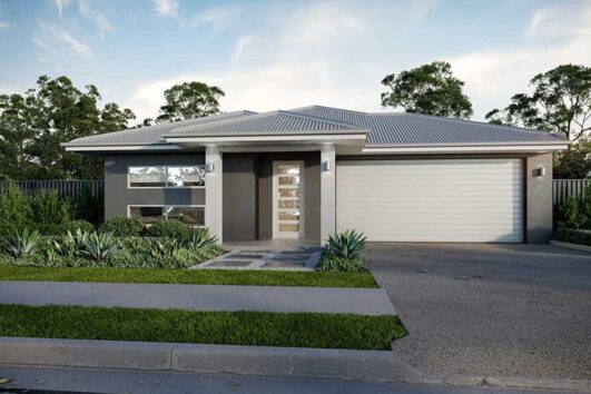 Modern single-story house with a two-car garage, gray exterior, and landscaped front yard.