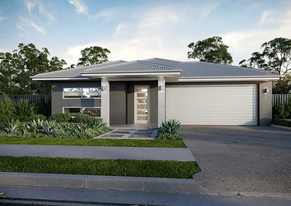 Hydrangea-Way-Mayfair-185-Elevation - Fresh Homes Modern single-story house with a two-car garage, gray exterior, and landscaped front yard.