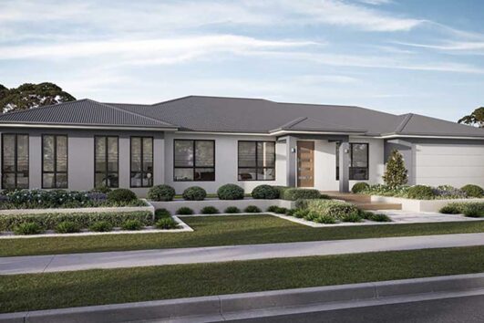 Modern single-story house with a gray tile roof, large black-framed windows, a wooden front door, and manicured front yard landscaping.
