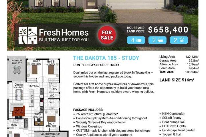 Front view of a modern single-story home with a double garage; For Sale, price $658,400 on the banner.