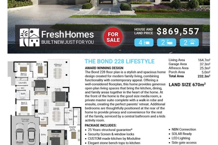 Modern front view of a single-story house with a two-car garage and a prominent 'For Sale' banner; property details and a floor plan thumbnail below.