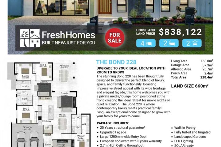 Front view of a modern single-story home on a property listing card with a 'FOR SALE' badge and FreshHomes branding; price shown as $838,122.