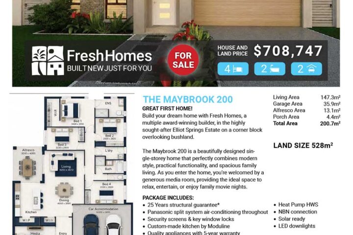 Front view of a modern single‑storey house for sale with a red 'FOR SALE' badge; Lot 1665 Hydrangea Way, Sanctum Estate, Mount Low.