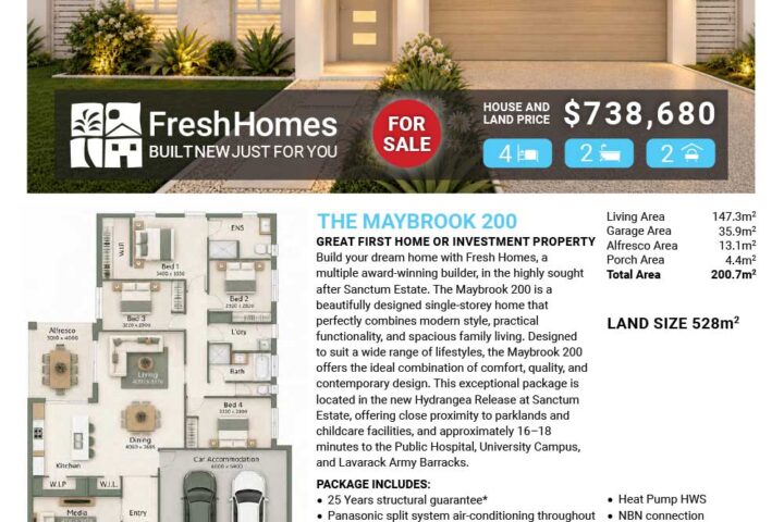 Real estate flyer for Lot 1665 Hydrangea Way: modern single-story home with a two-car garage; FOR SALE banner and price $738,680.