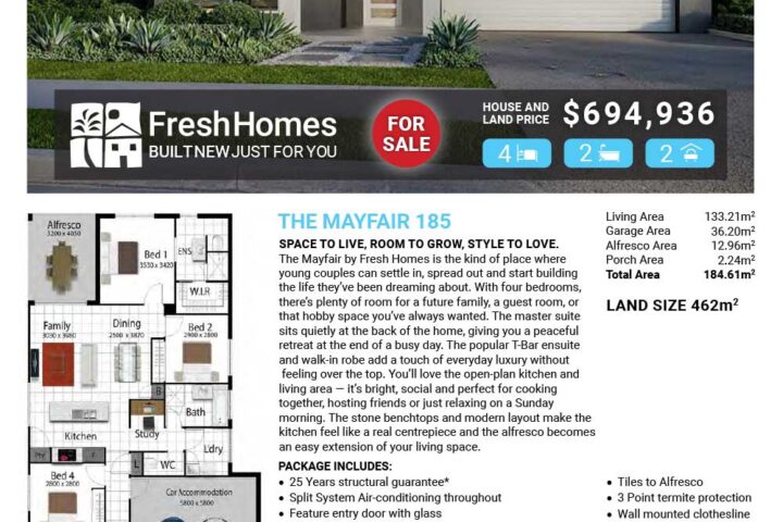 Modern single-story house with a double garage for sale; price $694,936 and a prominent 'FOR SALE' badge.