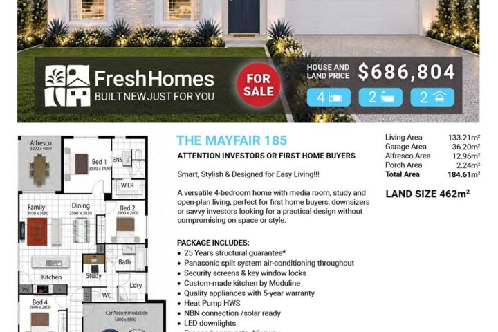 Front view of a modern single‑story house for sale with a 'FOR SALE' badge and price $686,804 on a Fresh Homes flyer.