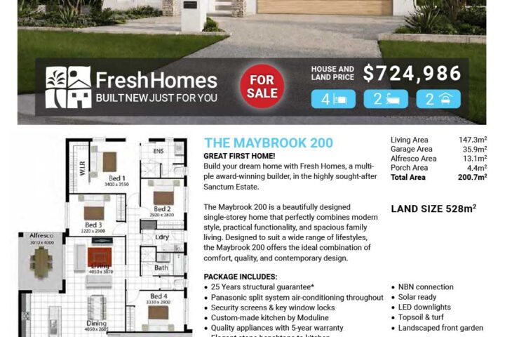 Modern single‑storey house with double garage and landscaped front yard on a real estate flyer for Lot 1668 Hydrangea Way. For sale at $724,986 with 4 beds, 2 baths, 2 cars.
