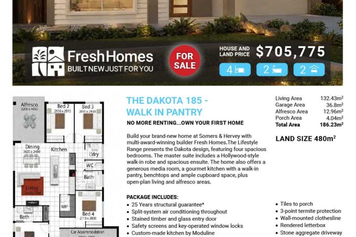 Modern single-story house at dusk with illuminated entrance, overlaid by sale text and 'FOR SALE' badge, promoting a property by Fresh Homes.