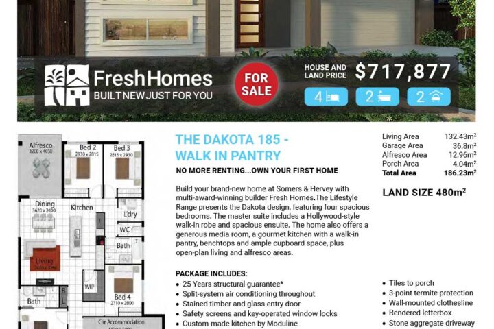 Front view of a modern single-story house on a real estate flyer with 'For Sale' badge and price $717,877, logo 'FreshHomes' at bottom left, Lot 167 Plumbago Place, Somers & Hervey | Rasmussen.