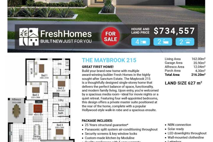 Front exterior of a modern single‑story house for sale with a large garage and a bold 'For Sale' badge, overlaid with the lot address and price details. The lower portion shows a floorplan and property features from a real estate flyer by Fresh Homes.