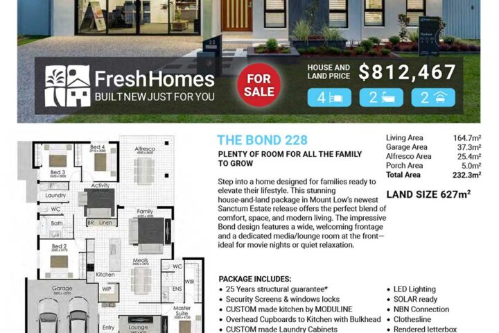 Promotional real estate flyer featuring a modern single-story home, 'For Sale' badge, price, and floor plan