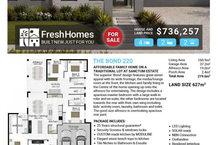 Front view of a single-story modern home for sale, with price $736,257 and FreshHomes branding on a banner across the image.
