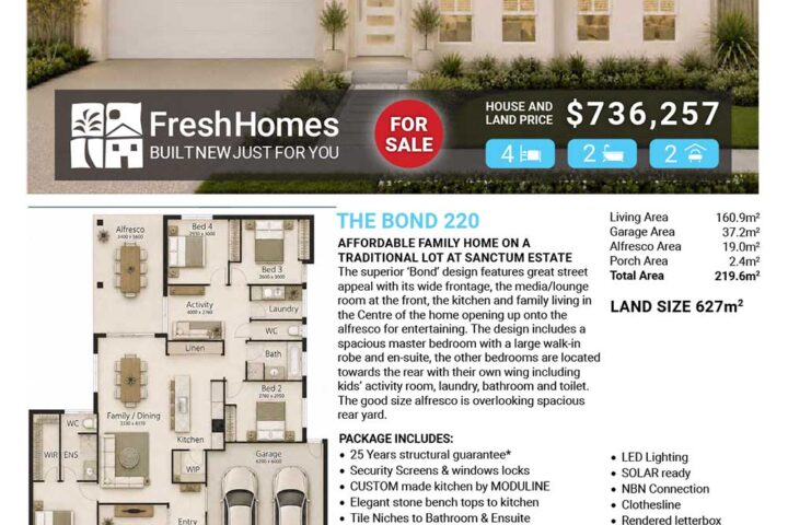 Front view of a single-story house for sale with a 'For Sale' badge and FreshHomes branding in the foreground.
