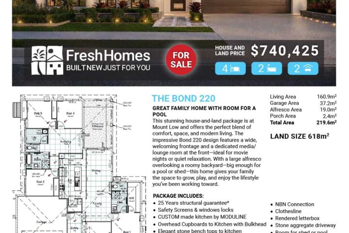Front view of a modern single-story house for sale with a red 'For Sale' badge and price on a real estate flyer.