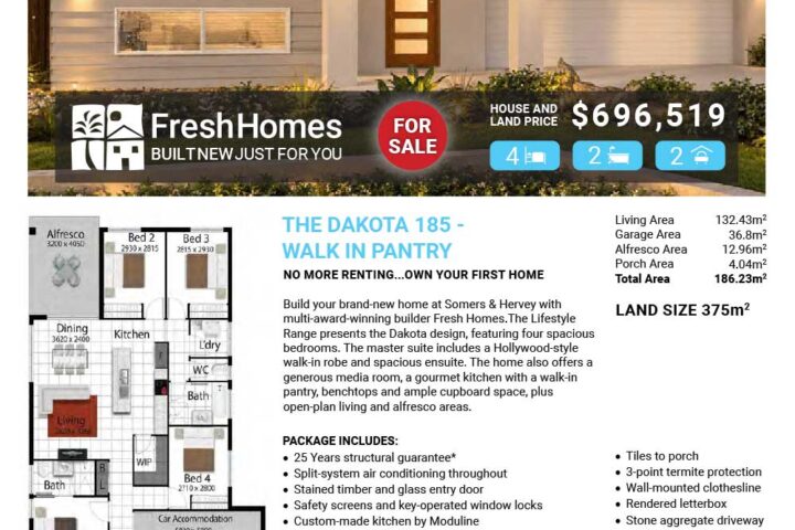 Residential real estate flyer showing a modern single-storey home with 'FOR SALE' banner and price $696,519; brand: Fresh Homes.