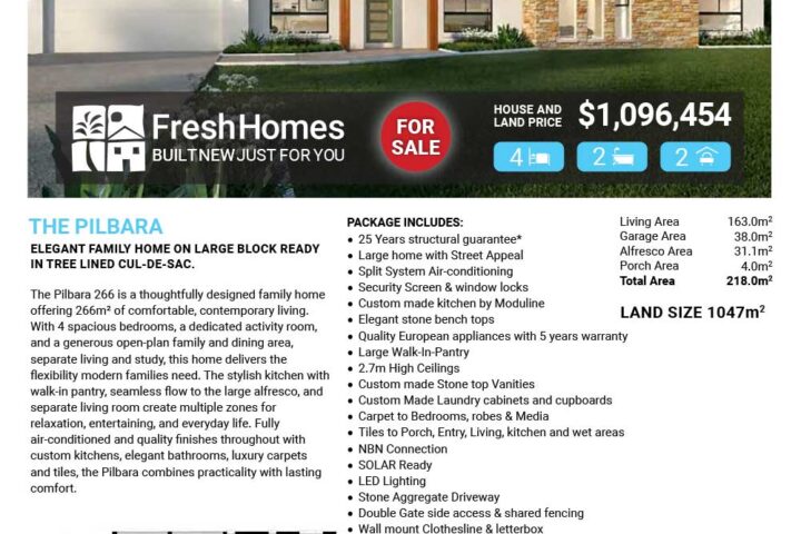 Front view of a modern single-story house for sale with a 'For Sale' badge and price $1,096,454, on a real estate flyer for Lot 1694 Lollybush Court, Mount Low (Fresh Homes).