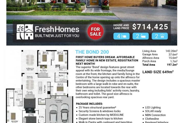 Front view of a modern single-story house with a two-car garage; prominent 'For Sale' badge and price $714,425 on a real estate flyer (Fresh Homes).