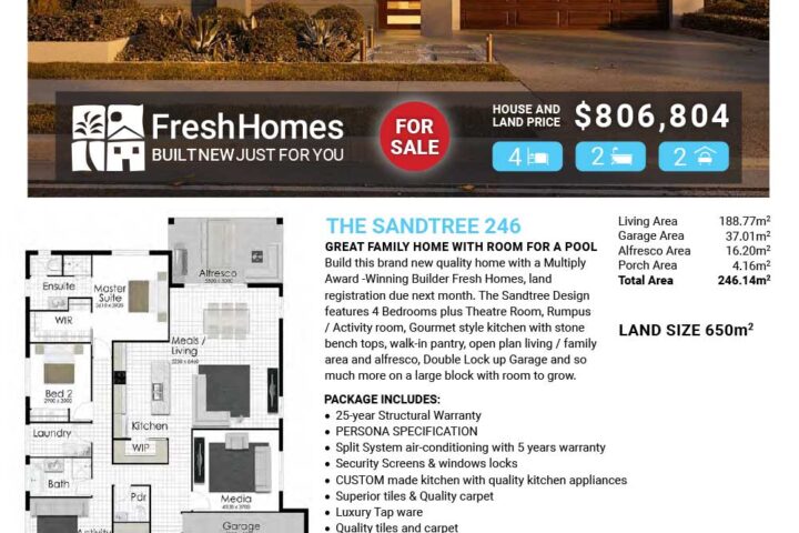 Front view of a single-story house with a double garage at sunset, shown on a 'For Sale' real estate flyer for Lot 22 Ranana Place.