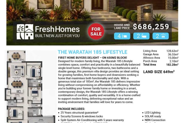 Front view of a modern single-story house with a landscaped yard, a prominent 'FOR SALE' badge, and Fresh Homes branding on a real estate flyer for Lot 22 Ranana Place, Mount Low (price $686,259).