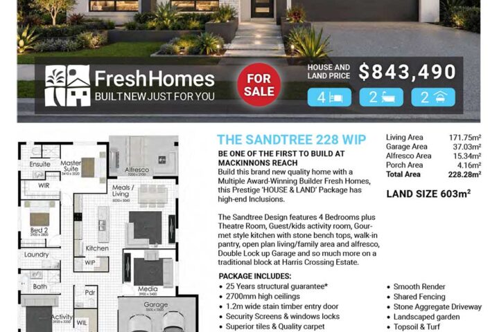 Modern single-story house with a landscaped front yard; 'For Sale' banner and FreshHomes logo visible on the lower promo bar.