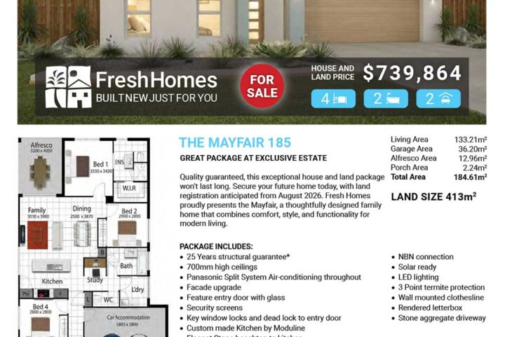 Modern single‑story home for sale with lot address, price $739,864, and 4 beds, 2 baths, 2 living areas; floor plan shown.