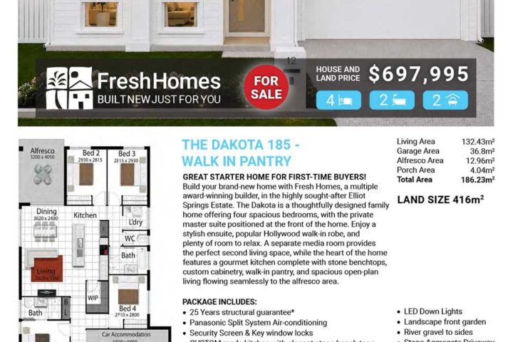 White single-story house exterior for sale with 'FOR SALE' badge and price $697,995; includes floor plan on the left and Fresh Homes branding