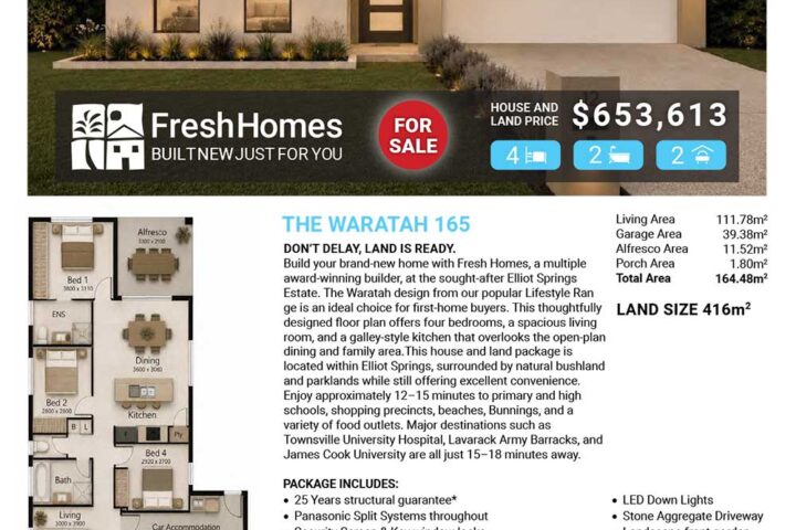 Front view of a modern single-story home for sale with a 'For Sale' badge and FreshHomes branding on a property flyer.
