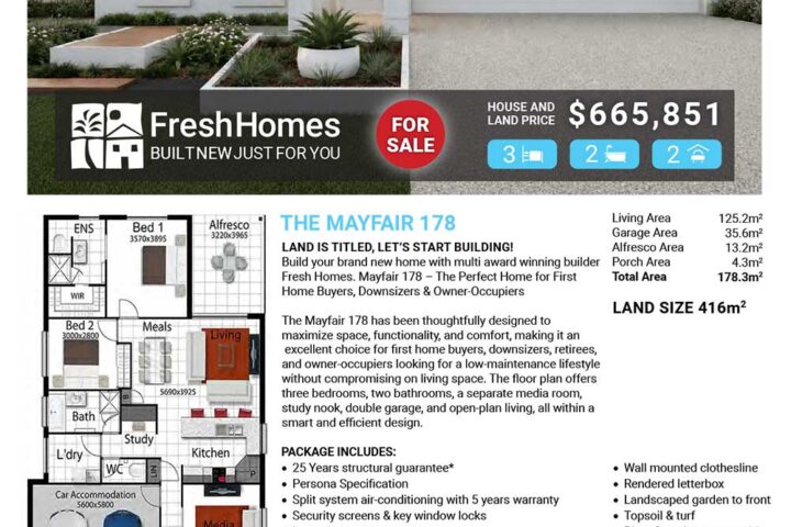Front page of a real estate brochure showing a modern white single‑story house with a two‑car garage, landscaped front yard, and the heading Lot 37 TALAROO Crescent Elliot Springs Estate | Julago; includes a floor plan and price $665,851.
