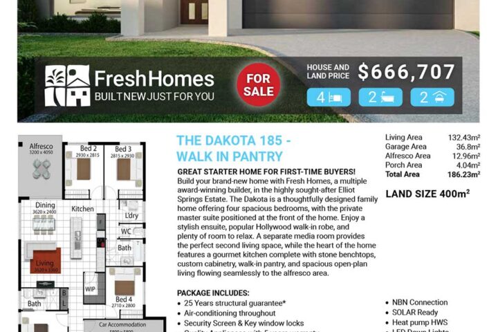 Front view of a modern single‑story home with a two‑car garage advertised for sale and a FOR SALE badge with price details in the flyer header.
