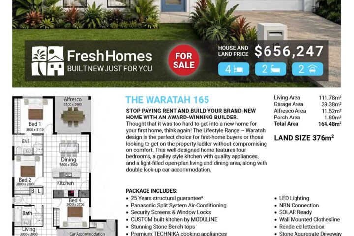 Front view of a modern single-story house with a manicured yard, 'FOR SALE' badge and price $656,247 on a real estate flyer by Fresh Homes.