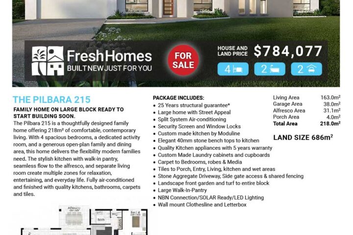 Front view of a modern single‑story house with a two‑car garage and a 'FOR SALE' badge on a real estate header image.