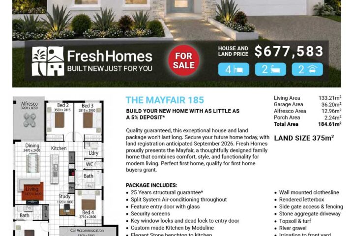 Modern white, single‑level house with landscaped front yard; overlaid text shows 'For Sale' and a price (677,583) with FreshHomes branding in the banner below.