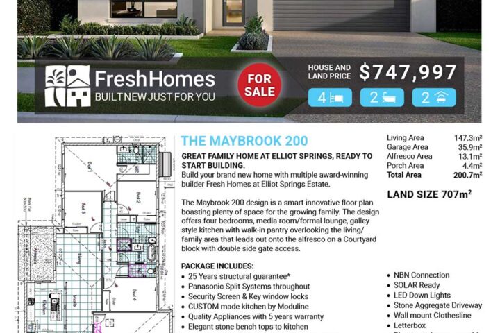 Front view of a modern single‑story house on a lot, with a bold real estate banner: FreshHomes FOR SALE, price $747,997, 4 bed 2 bath 2 garage (LOT 452 PAPPAN PLACE, Elliot Springs/JULAGO).