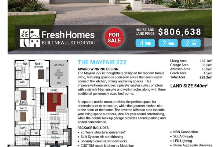 Modern single‑story home for sale flyer: front view of the house with a 'For Sale' badge, price shown, and a floor plan excerpt at the bottom.] ,