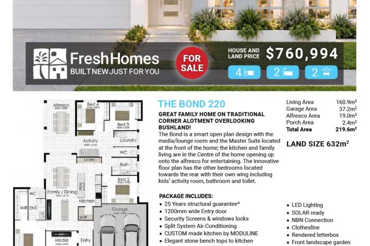 Front view of a modern single-story house for sale with a red 'FOR SALE' badge and price $760,994; Fresh Homes advert.