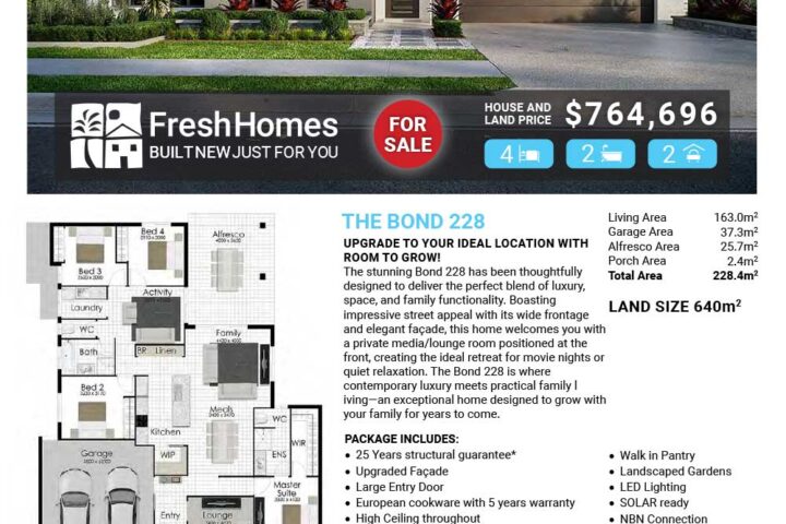 Modern single-story house with a two-car garage and landscaped front yard; 'For Sale' ad by FreshHomes showing price $764,696 and a floor plan.