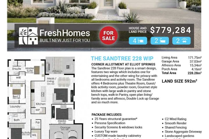 Front view of a modern single-story house for sale with a 'FOR SALE' badge and FreshHomes branding; price and features shown on banner