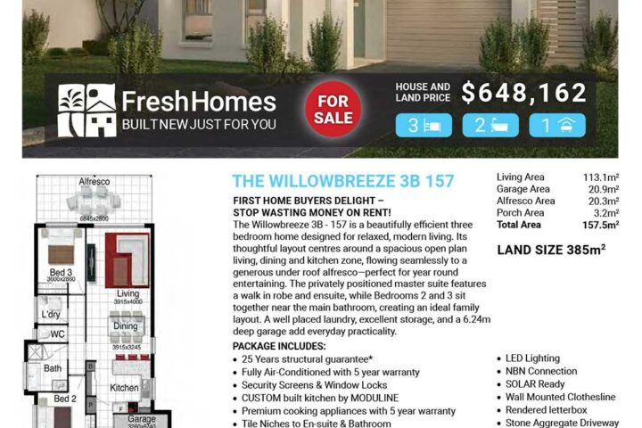Newly built single‑story house with a manicured front yard; real estate flyer for Lot 488 Crystalline Street, Elliot Springs/Julago, for sale by FreshHomes.