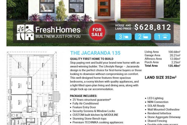 Front view of a modern single-story house with a wooden garage door, part of a real estate ad for Lot 494 Crystalline Street (Elliot Springs | Julago) for sale by Fresh Homes.