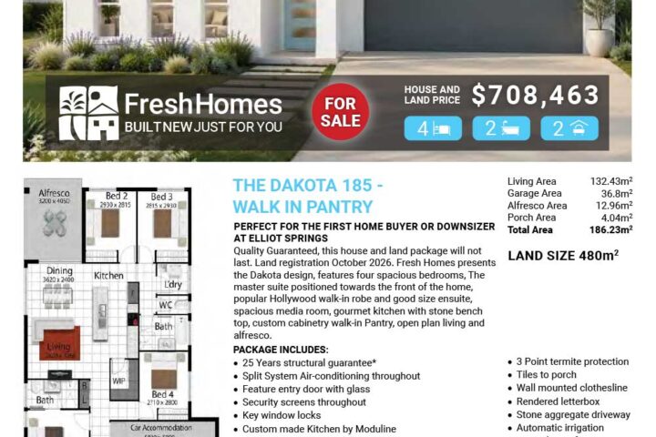 Front view of a modern house for sale with a bold 'For Sale' badge and price $708,463, plus bedroom/bath/garage icons and Fresh Homes branding.