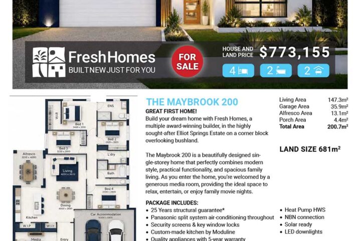 Exterior view of a modern single‑storey house for sale with a 'FOR SALE' badge and Fresh Homes branding.