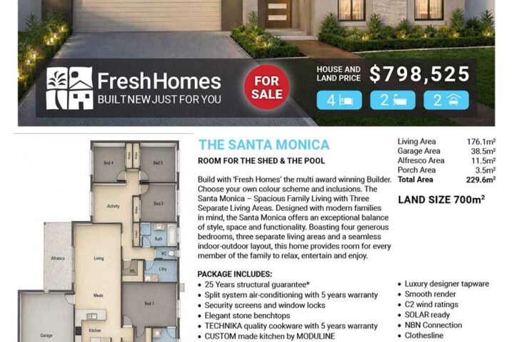 Front view of a modern single-story house with a two-car garage, for sale by Fresh Homes; signage shows price ($798,525) and bedroom/bath icons (4 bed, 2 bath, 2 car).